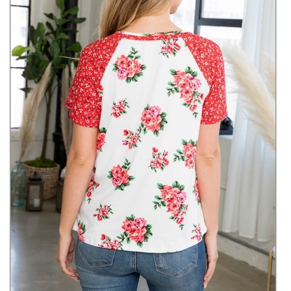 IVORY-PINK/CHERRY red -WINE red + white ROUND NECK FLORAL CONTRAST RAGLAN TOP - Picture 11 of 16
